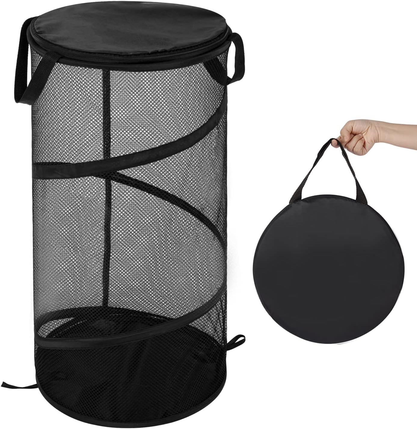 Large Collapsible Laundry Basket with Lid Foldable Mesh Pop Up Hamper with Handles for Laundry Room, Bathroom, Kids Room, College Dorm, Travel, Storage Organizer Black - Image 1