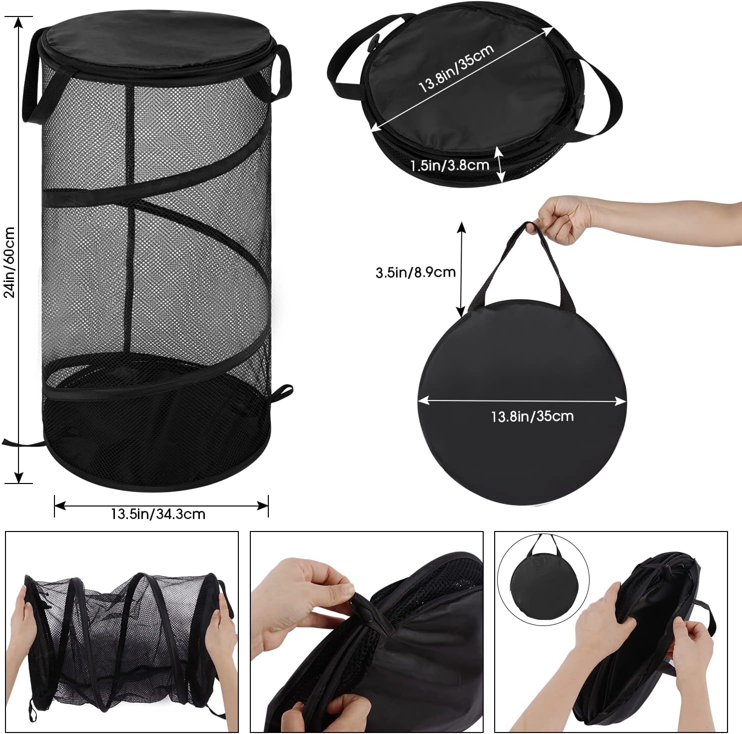 Large Collapsible Laundry Basket with Lid Foldable Mesh Pop Up Hamper with Handles for Laundry Room, Bathroom, Kids Room, College Dorm, Travel, Storage Organizer Black - Image 2