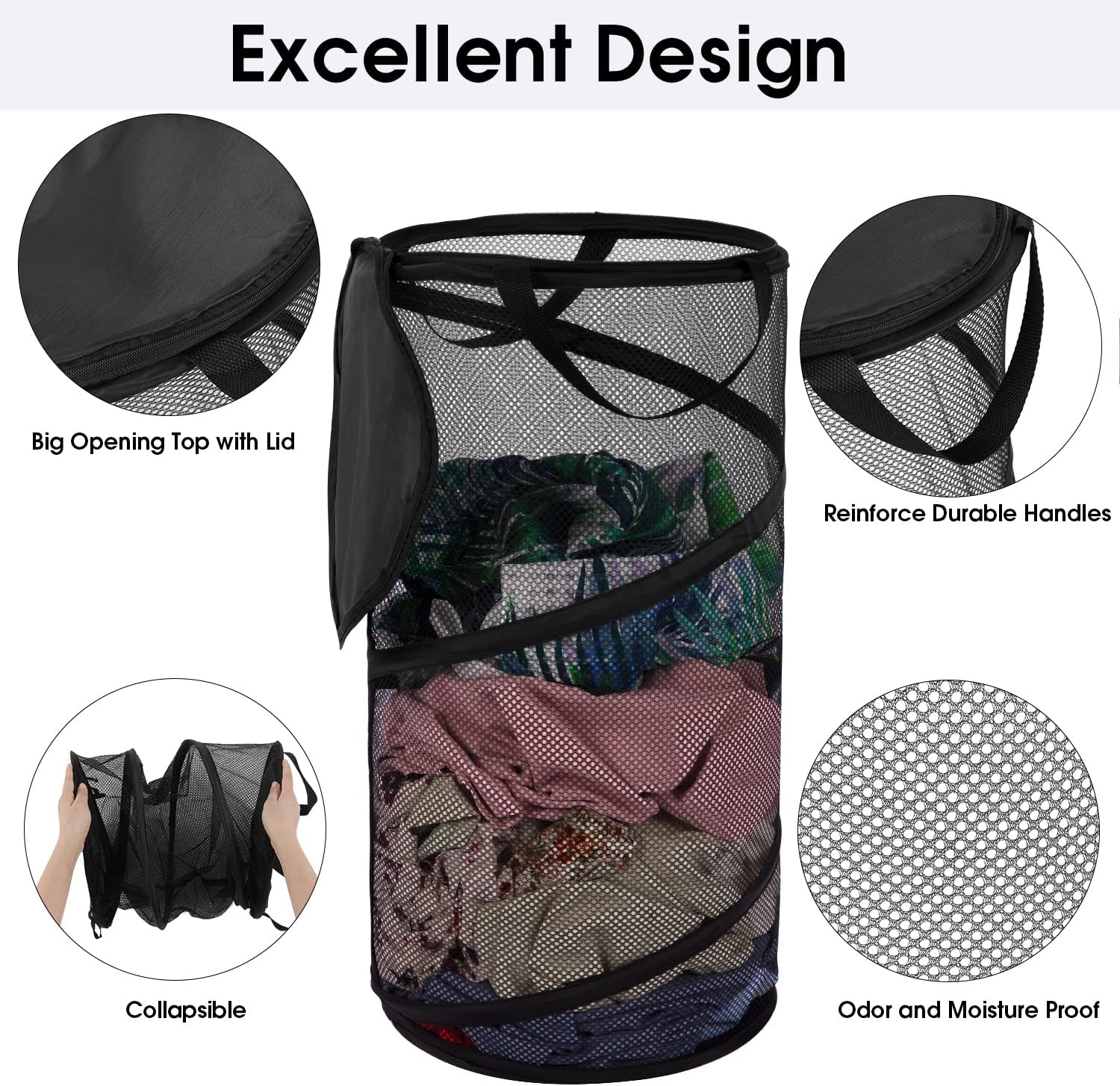 Large Collapsible Laundry Basket with Lid Foldable Mesh Pop Up Hamper with Handles for Laundry Room, Bathroom, Kids Room, College Dorm, Travel, Storage Organizer Black - Image 3