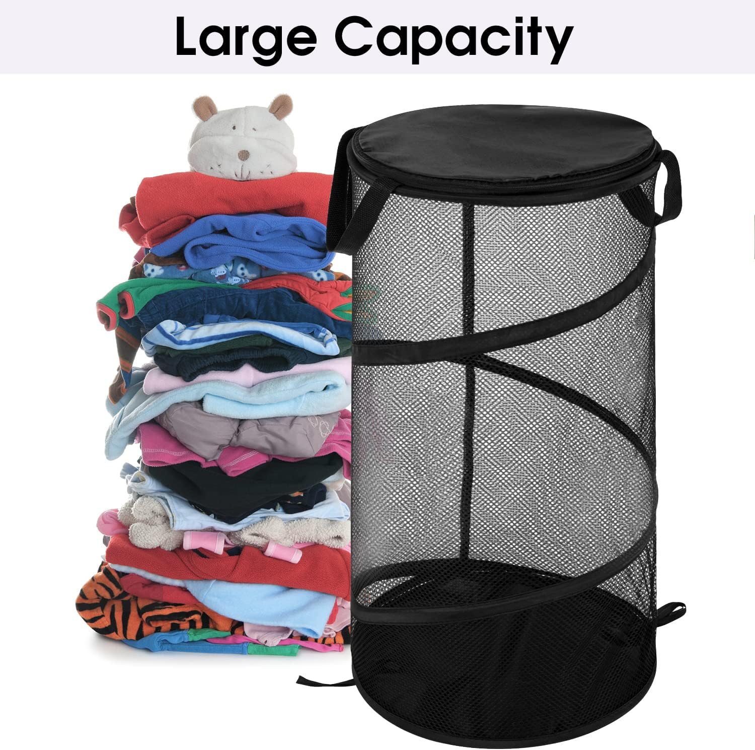Large Collapsible Laundry Basket with Lid Foldable Mesh Pop Up Hamper with Handles for Laundry Room, Bathroom, Kids Room, College Dorm, Travel, Storage Organizer Black - Image 4