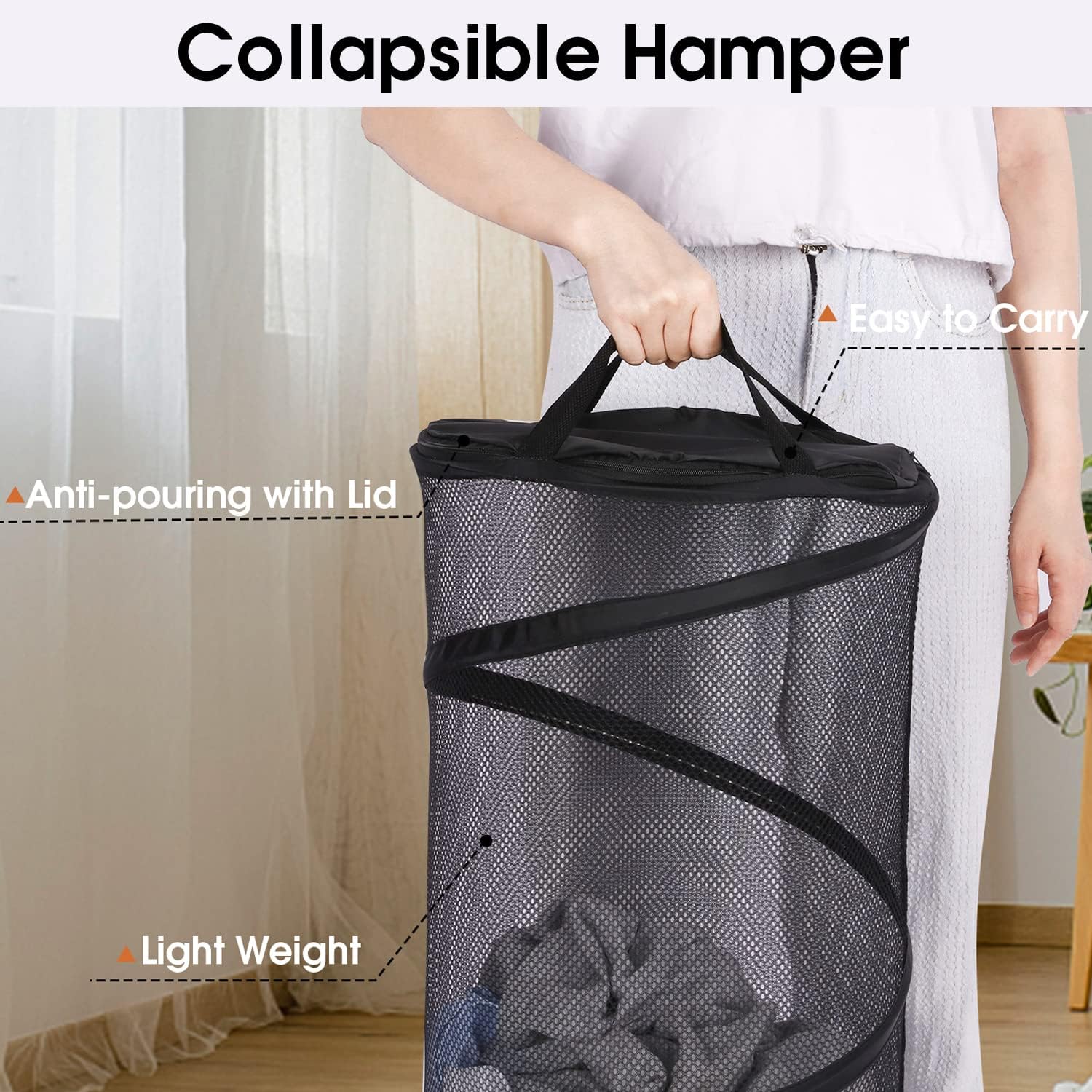 Large Collapsible Laundry Basket with Lid Foldable Mesh Pop Up Hamper with Handles for Laundry Room, Bathroom, Kids Room, College Dorm, Travel, Storage Organizer Black - Image 5