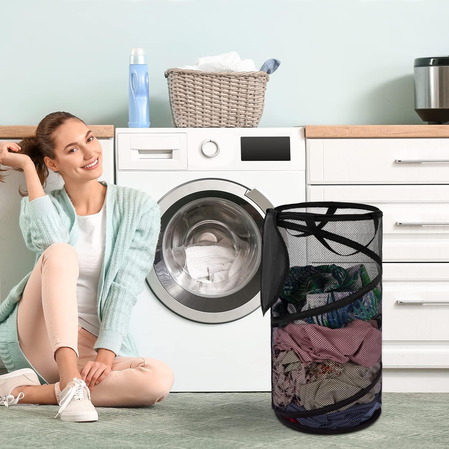 Large Collapsible Laundry Basket with Lid Foldable Mesh Pop Up Hamper with Handles for Laundry Room, Bathroom, Kids Room, College Dorm, Travel, Storage Organizer Black - Image 6