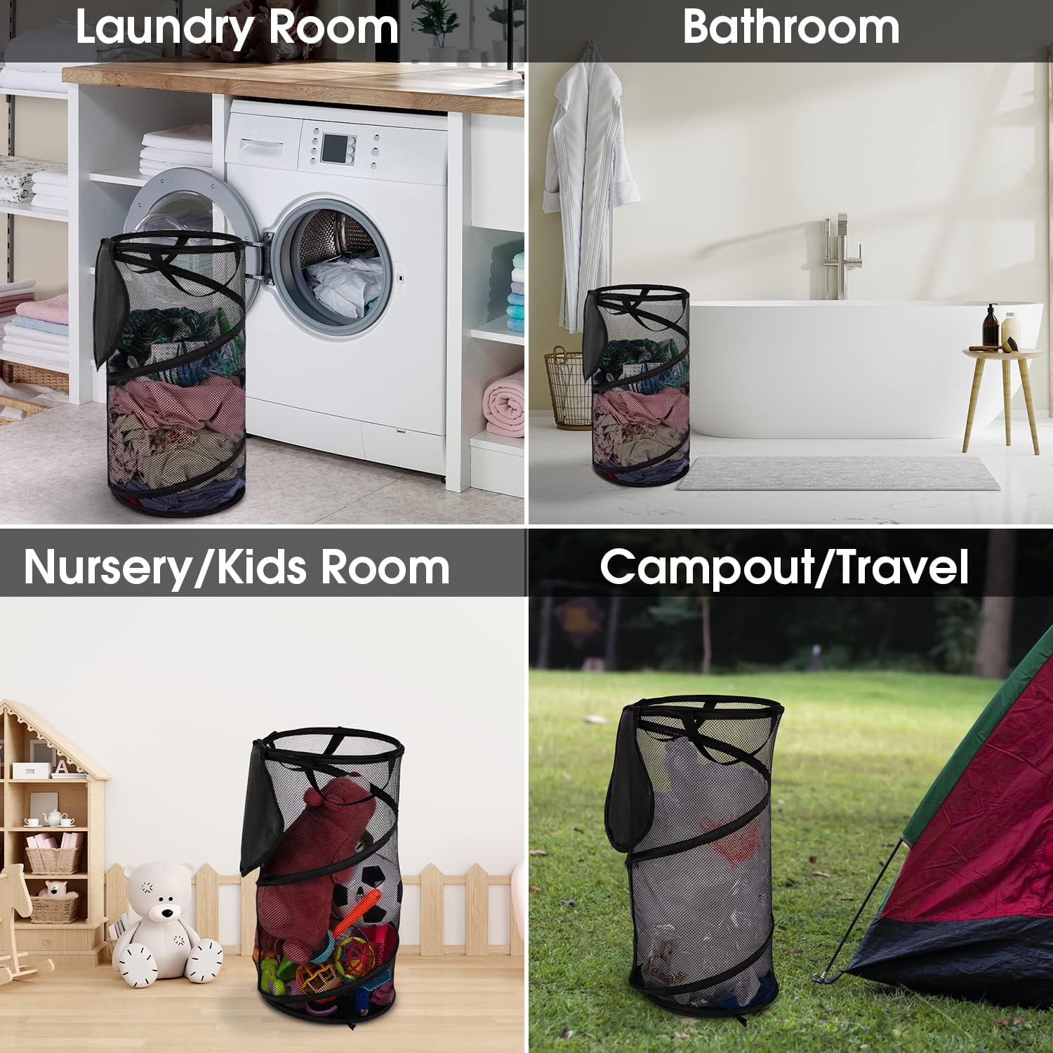 Large Collapsible Laundry Basket with Lid Foldable Mesh Pop Up Hamper with Handles for Laundry Room, Bathroom, Kids Room, College Dorm, Travel, Storage Organizer Black - Image 7