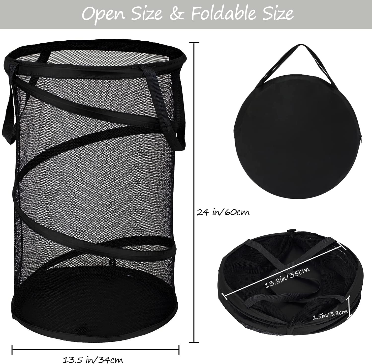 Collapsible Laundry Basket Foldable Mesh Pop Up Hamper with Handles for Laundry Room, Bathroom, Kids Room, College Dorm, Travel, Storage Organizer Black - Image 2