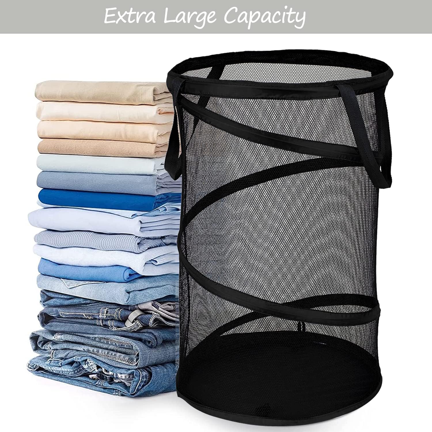 Collapsible Laundry Basket Foldable Mesh Pop Up Hamper with Handles for Laundry Room, Bathroom, Kids Room, College Dorm, Travel, Storage Organizer Black - Image 3