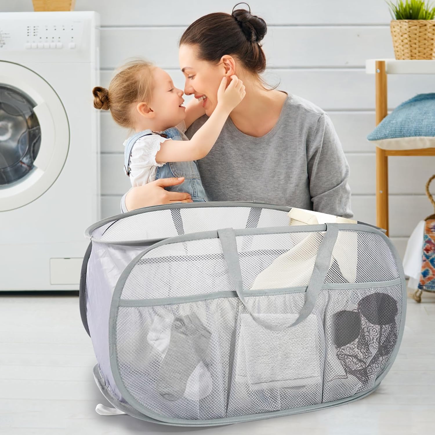 Collapsible Laundry Baskets, Upgrade Pop Up Laundry Hamper with Convenient Bags, Foldable Laundry Basket Mesh Light Weight, Easy to Carry Clothes Hampers for Laundry, Dorm, Toys, Travel Grey - Image 2