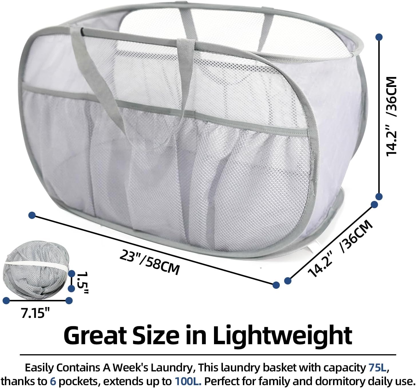 Collapsible Laundry Baskets, Upgrade Pop Up Laundry Hamper with Convenient Bags, Foldable Laundry Basket Mesh Light Weight, Easy to Carry Clothes Hampers for Laundry, Dorm, Toys, Travel Grey - Image 3