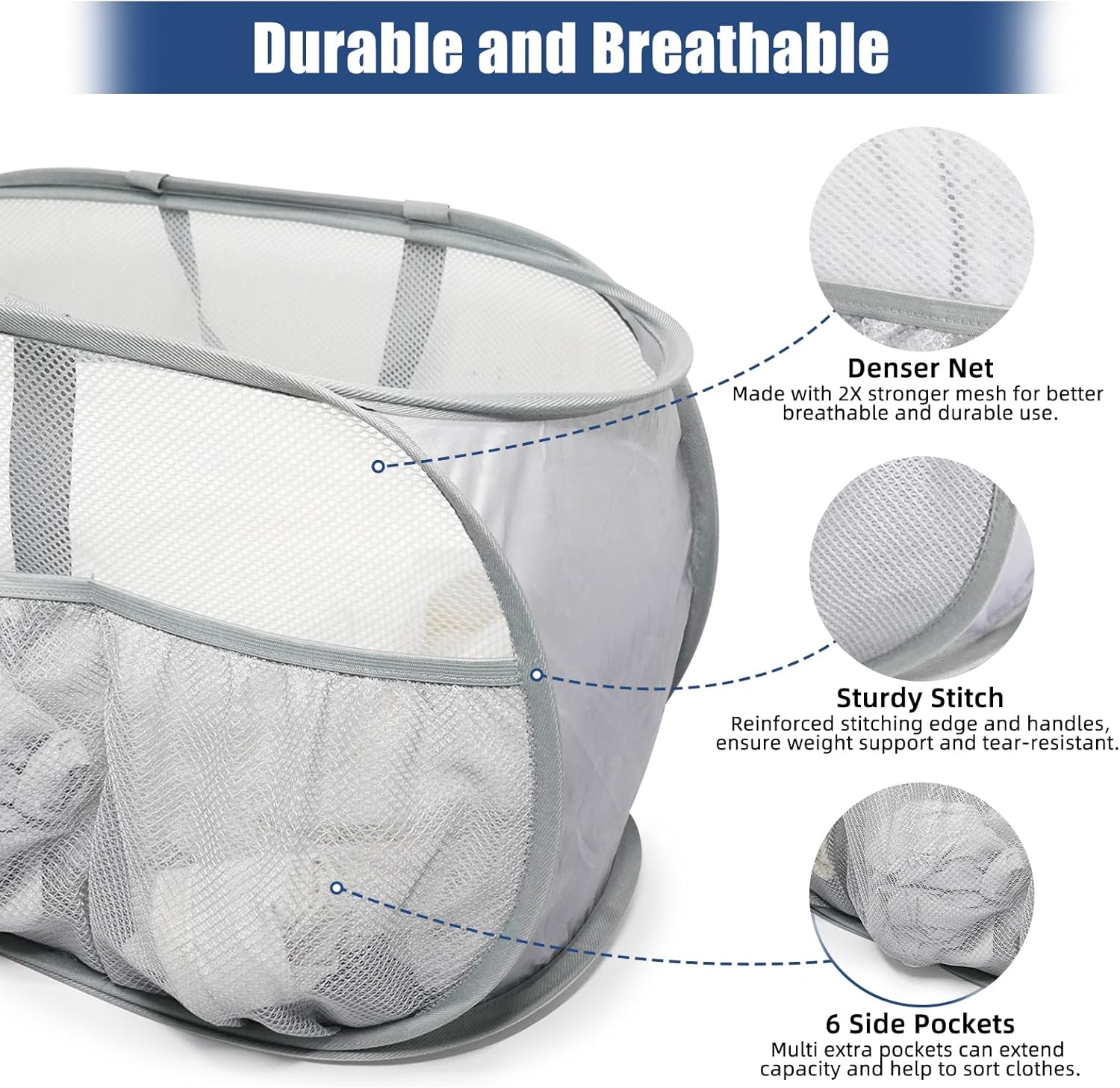 Collapsible Laundry Baskets, Upgrade Pop Up Laundry Hamper with Convenient Bags, Foldable Laundry Basket Mesh Light Weight, Easy to Carry Clothes Hampers for Laundry, Dorm, Toys, Travel Grey - Image 5