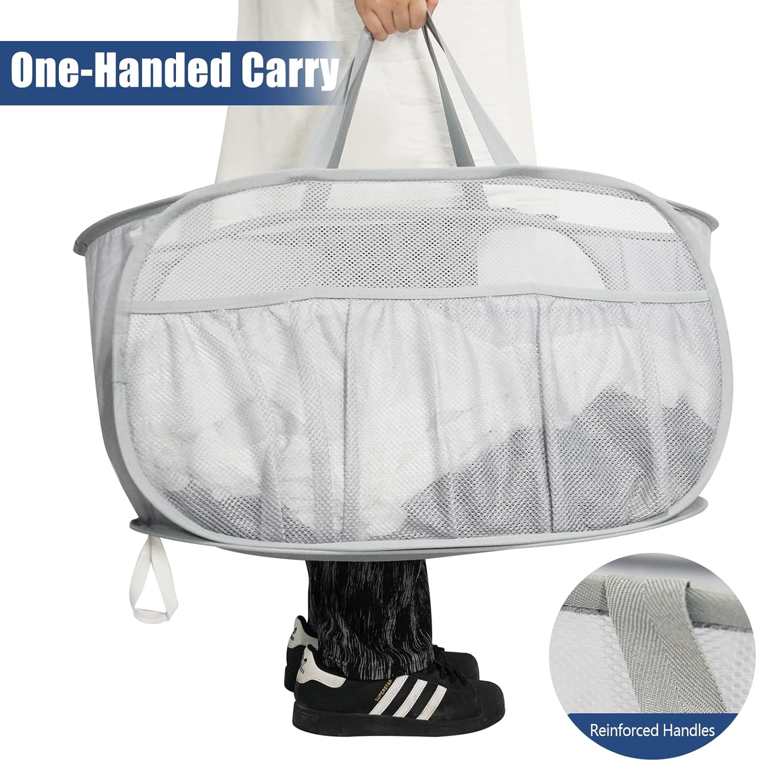 Collapsible Laundry Baskets, Upgrade Pop Up Laundry Hamper with Convenient Bags, Foldable Laundry Basket Mesh Light Weight, Easy to Carry Clothes Hampers for Laundry, Dorm, Toys, Travel Grey - Image 6