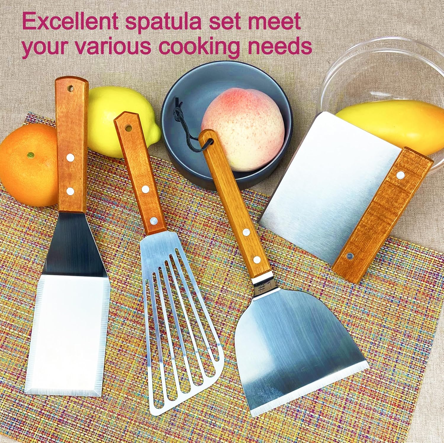 Spatula, Metal Spatulas Set, Stainless Steel Spatula, Fish Spatula Turner Cooking BBQ Grill Griddle Spatula, Metal Spatula for Cast Iron Skillet, Small Wide Kitchen Spatulas with Wood Handle - Image 3