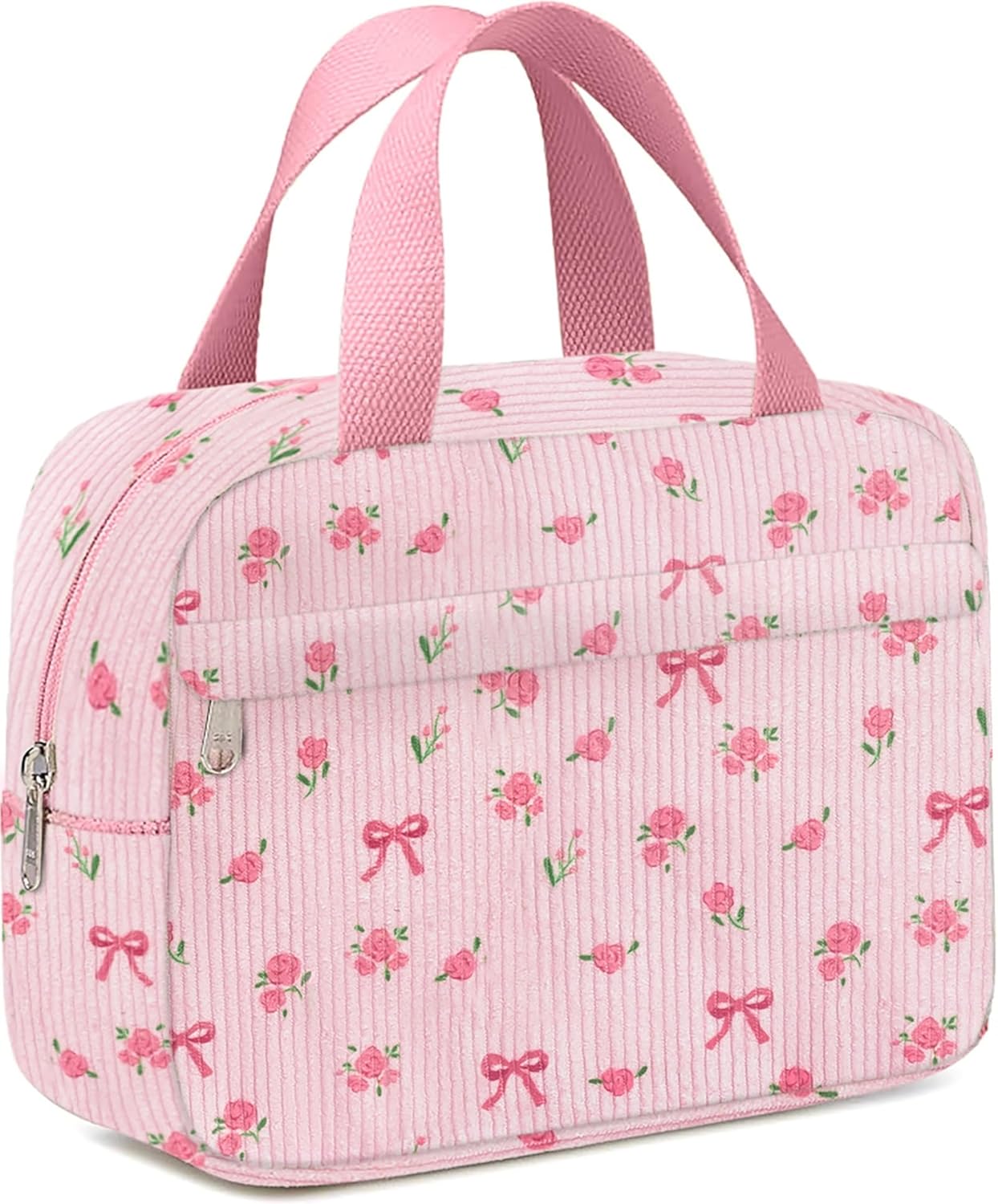 Small Makeup Bag for Purse Cute Corduroy Cosmetic Pouch with Zipper Travel Toiletry Bag for Women(Flower bow pink) - Image 1