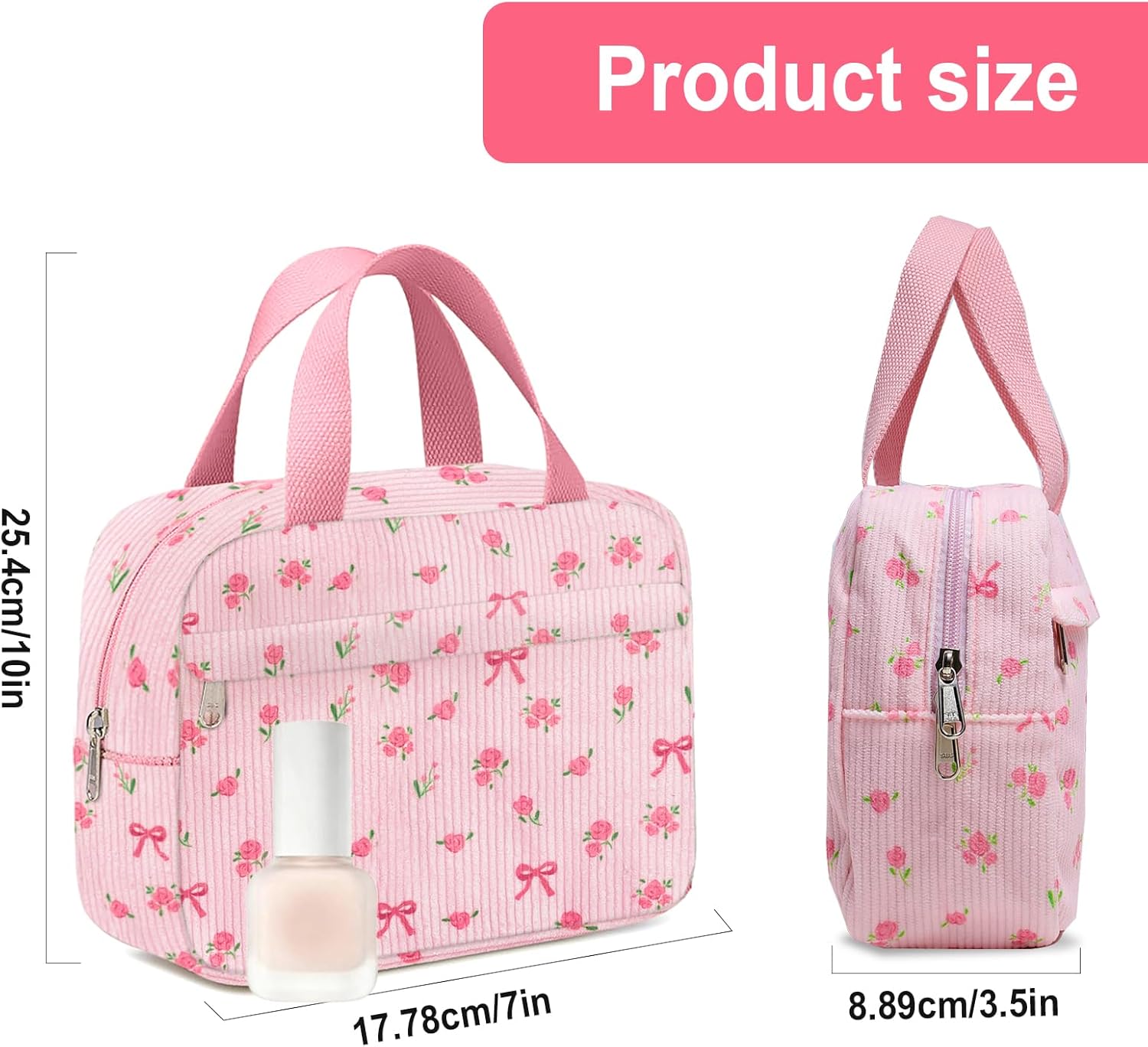 Small Makeup Bag for Purse Cute Corduroy Cosmetic Pouch with Zipper Travel Toiletry Bag for Women(Flower bow pink) - Image 2