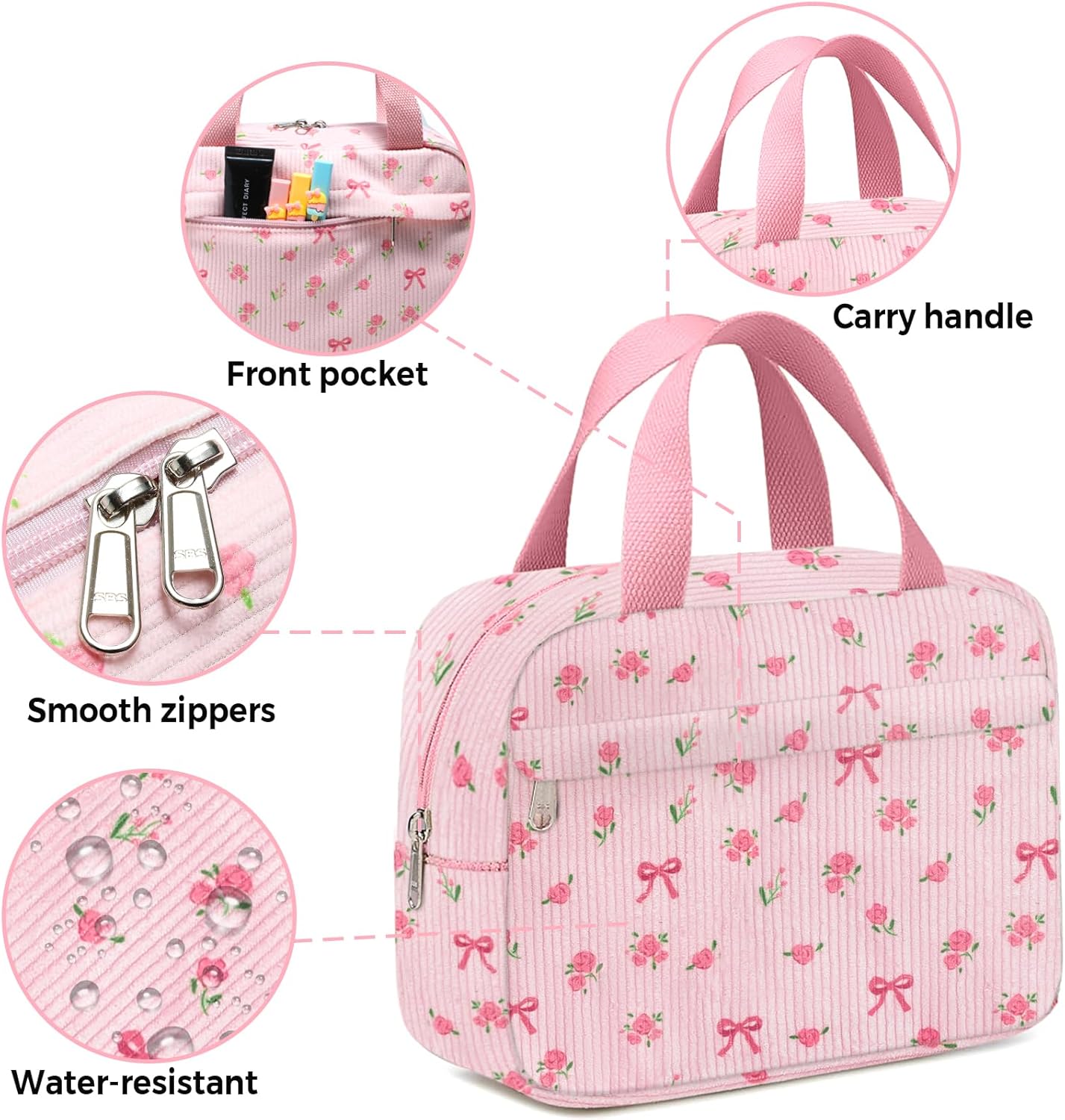 Small Makeup Bag for Purse Cute Corduroy Cosmetic Pouch with Zipper Travel Toiletry Bag for Women(Flower bow pink) - Image 4
