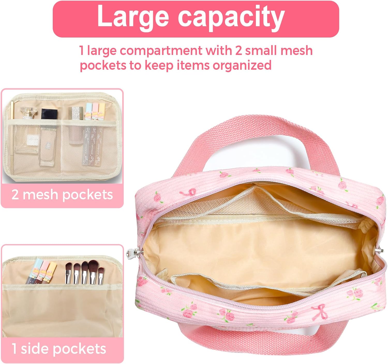 Small Makeup Bag for Purse Cute Corduroy Cosmetic Pouch with Zipper Travel Toiletry Bag for Women(Flower bow pink) - Image 6