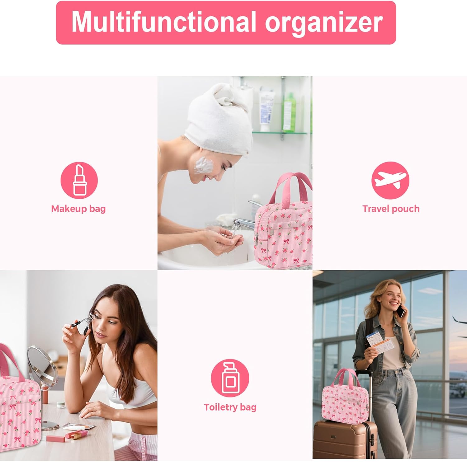 Small Makeup Bag for Purse Cute Corduroy Cosmetic Pouch with Zipper Travel Toiletry Bag for Women(Flower bow pink) - Image 8