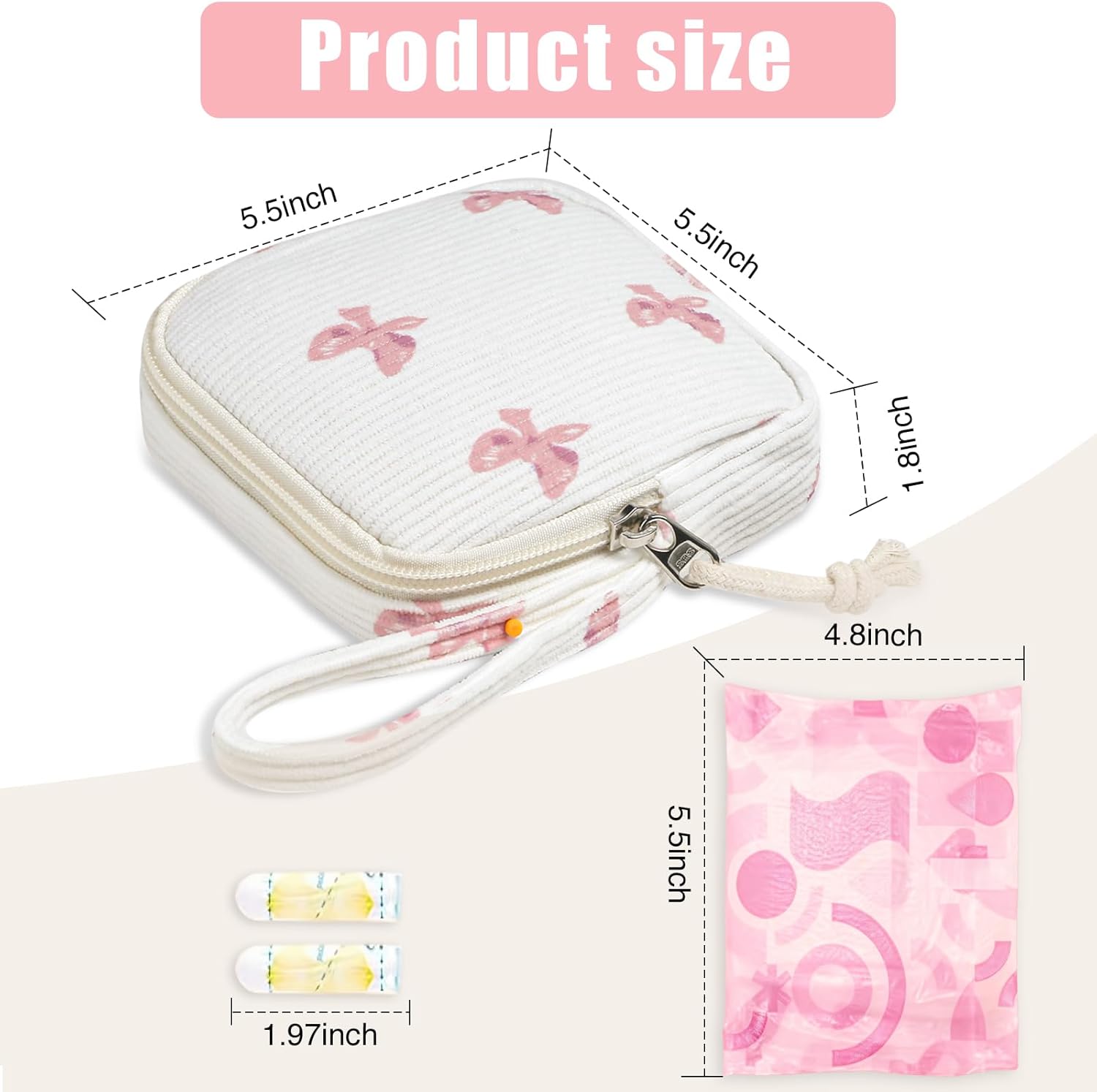 Small Makeup Bag | Discreet Period Bag Pad Pouch for Purse| Sanitary Napkin Storage & Tampon Holder for Travel(Bow pink) - Image 2