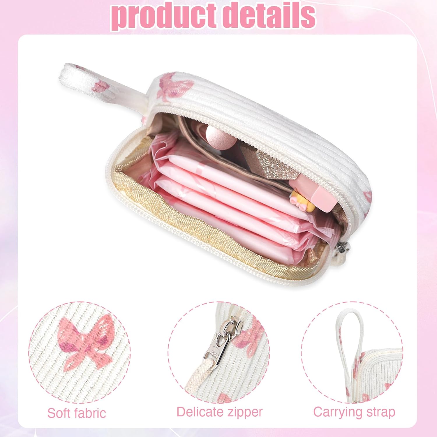 Small Makeup Bag | Discreet Period Bag Pad Pouch for Purse| Sanitary Napkin Storage & Tampon Holder for Travel(Bow pink) - Image 3