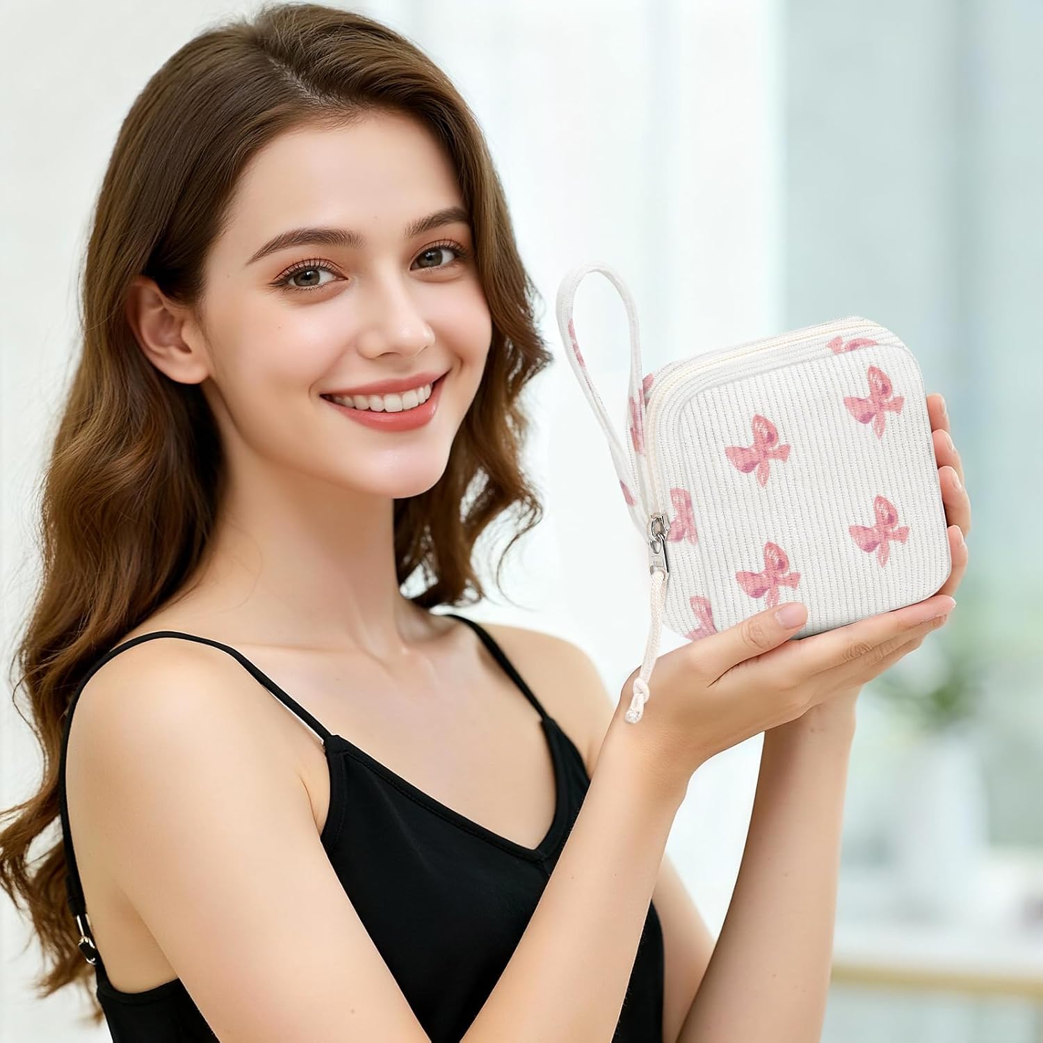 Small Makeup Bag | Discreet Period Bag Pad Pouch for Purse| Sanitary Napkin Storage & Tampon Holder for Travel(Bow pink) - Image 4
