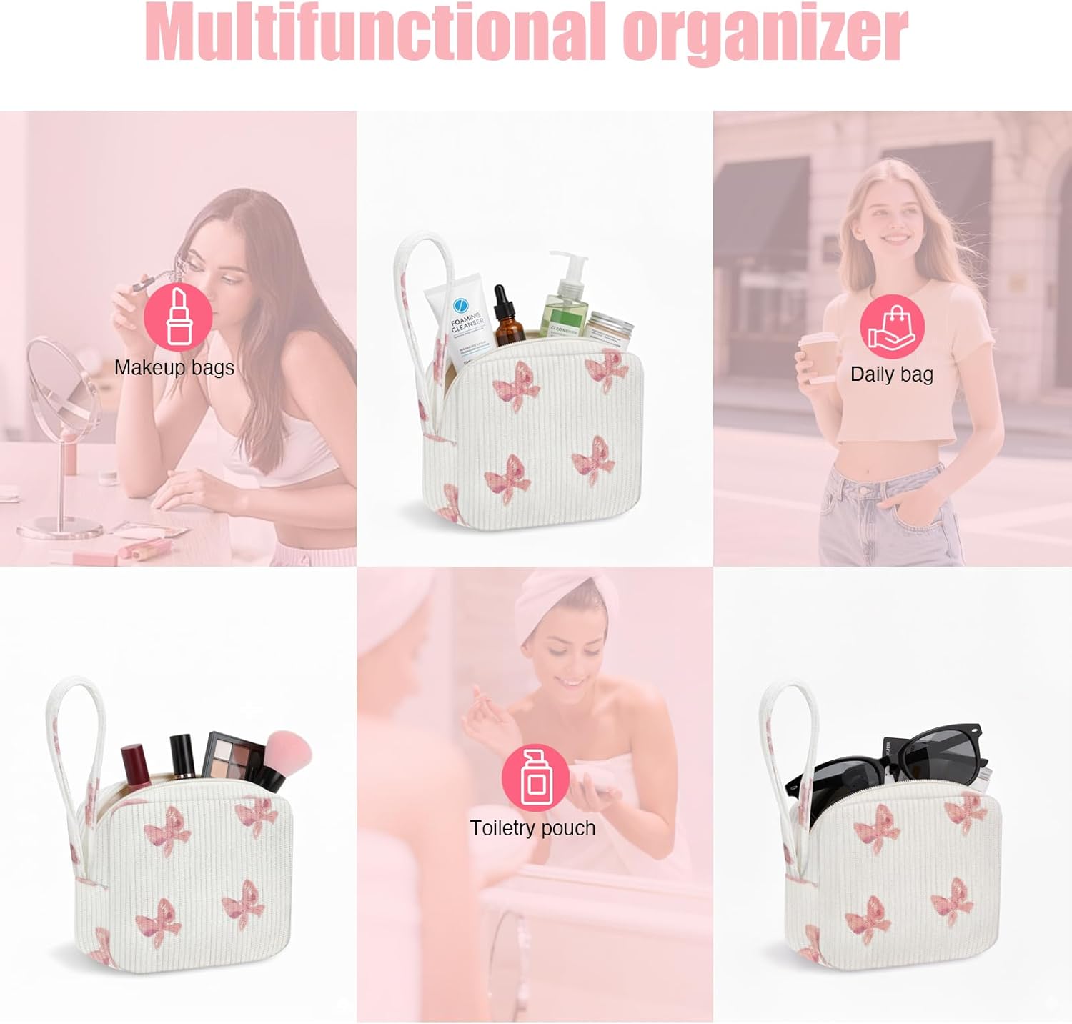 Small Makeup Bag | Discreet Period Bag Pad Pouch for Purse| Sanitary Napkin Storage & Tampon Holder for Travel(Bow pink) - Image 5
