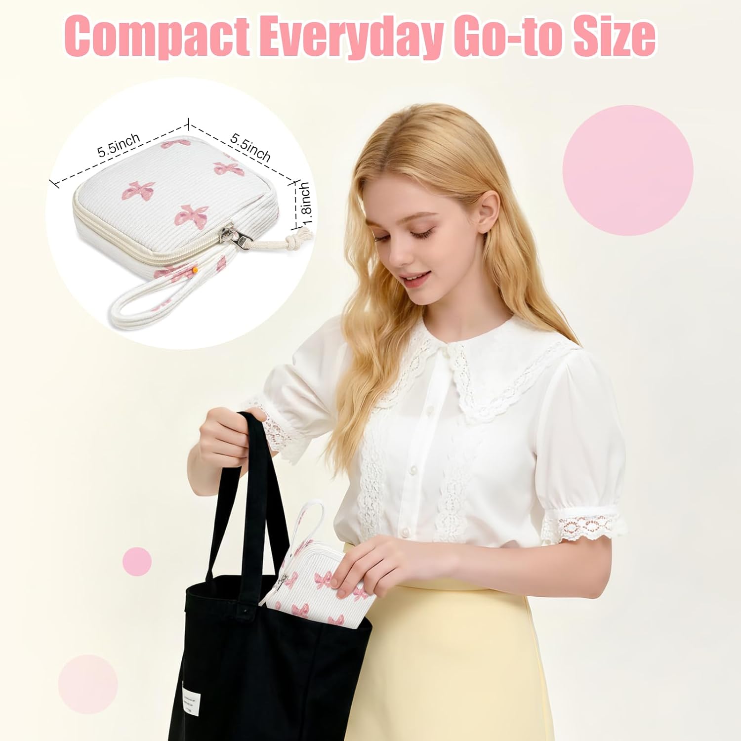 Small Makeup Bag | Discreet Period Bag Pad Pouch for Purse| Sanitary Napkin Storage & Tampon Holder for Travel(Bow pink) - Image 6