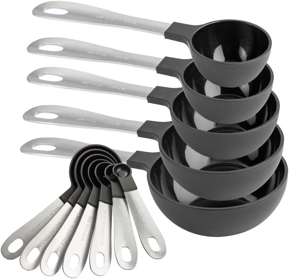 Measuring Cups Set and Measuring Spoon Set, Stainless Steel Handles, Nesting Kitchen Measuring Set, Liquid Measuring Cup Set, 12 PC Stainless Steel, Black - Image 1