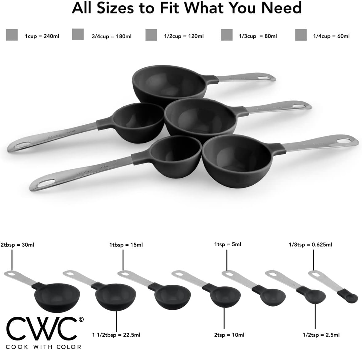 Measuring Cups Set and Measuring Spoon Set, Stainless Steel Handles, Nesting Kitchen Measuring Set, Liquid Measuring Cup Set, 12 PC Stainless Steel, Black - Image 3