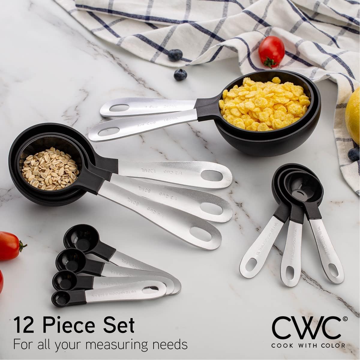 Measuring Cups Set and Measuring Spoon Set, Stainless Steel Handles, Nesting Kitchen Measuring Set, Liquid Measuring Cup Set, 12 PC Stainless Steel, Black - Image 5