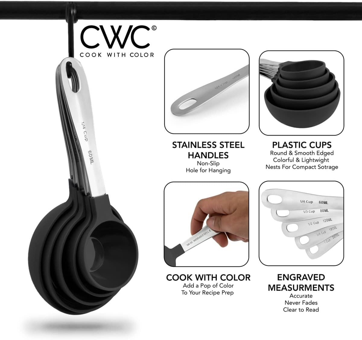 Measuring Cups Set and Measuring Spoon Set, Stainless Steel Handles, Nesting Kitchen Measuring Set, Liquid Measuring Cup Set, 12 PC Stainless Steel, Black - Image 6