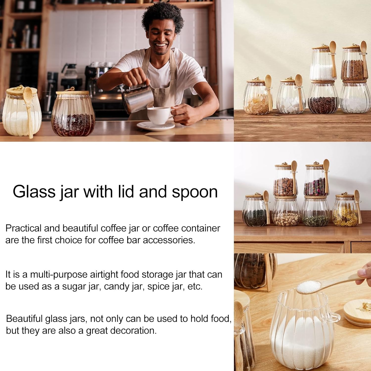 Sugar Bowls Sugar Container 25.36 FL OZ Glass Coffee Canister Airtight Food Storage Jar with Lid and Spoon Candy Jar Coffee Bar Accessories Storage Beans Powder (Conical) - Image 3