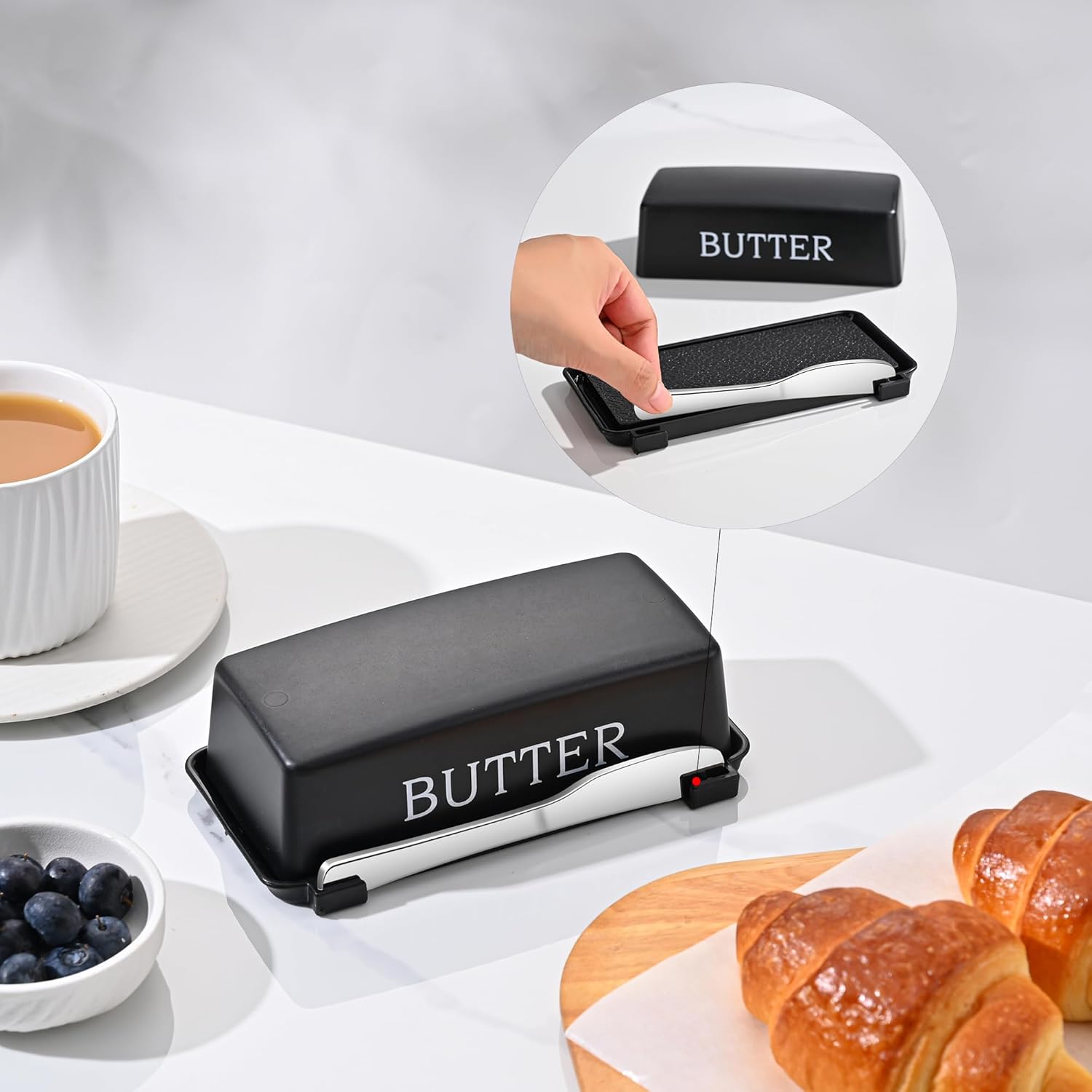 Butter Dish With Cover And Knife,Food Grade Plastic Butter Holder With Lid For Countertop,Black Dishwasher Safe Butter Storage Container - Image 3