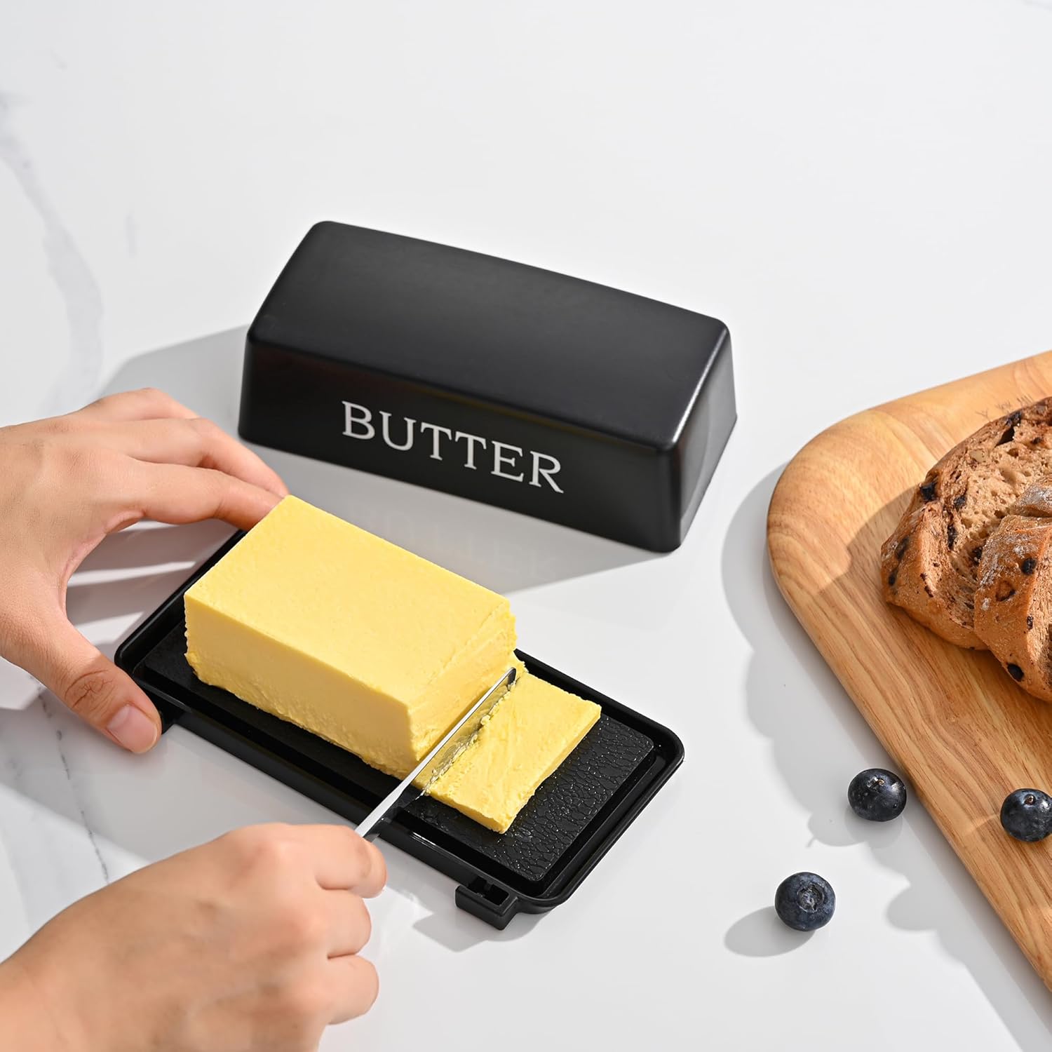 Butter Dish With Cover And Knife,Food Grade Plastic Butter Holder With Lid For Countertop,Black Dishwasher Safe Butter Storage Container - Image 5