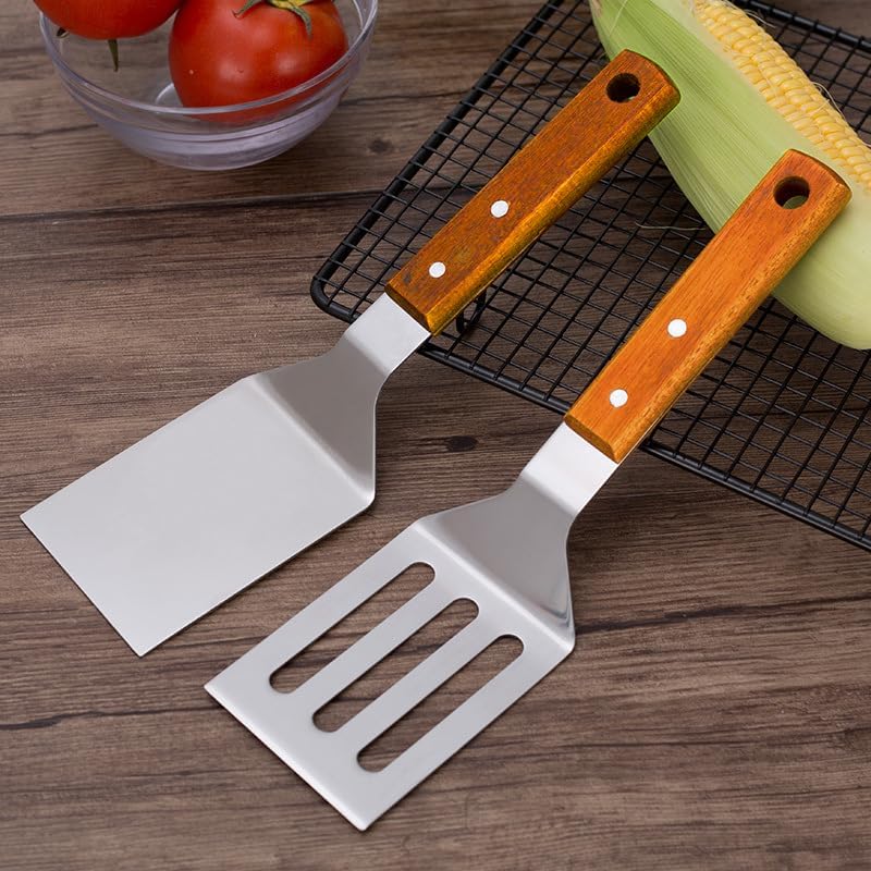 2 PCS Metal Spatula for Cast Iron Skillet, Stainless Steel Grill Spatula Slotted Turner Fish with Wood Handle Flat Top Griddle for Cooking BBQ - Image 2