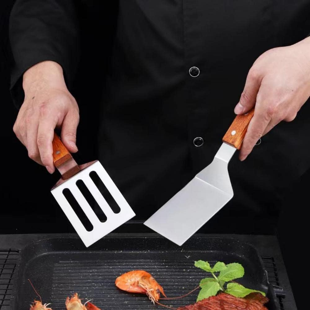 2 PCS Metal Spatula for Cast Iron Skillet, Stainless Steel Grill Spatula Slotted Turner Fish with Wood Handle Flat Top Griddle for Cooking BBQ - Image 3
