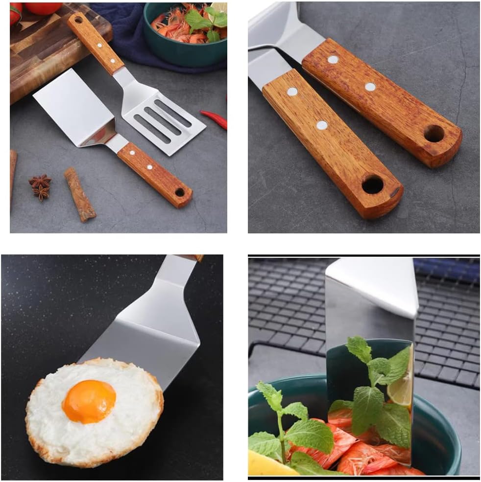 2 PCS Metal Spatula for Cast Iron Skillet, Stainless Steel Grill Spatula Slotted Turner Fish with Wood Handle Flat Top Griddle for Cooking BBQ - Image 4