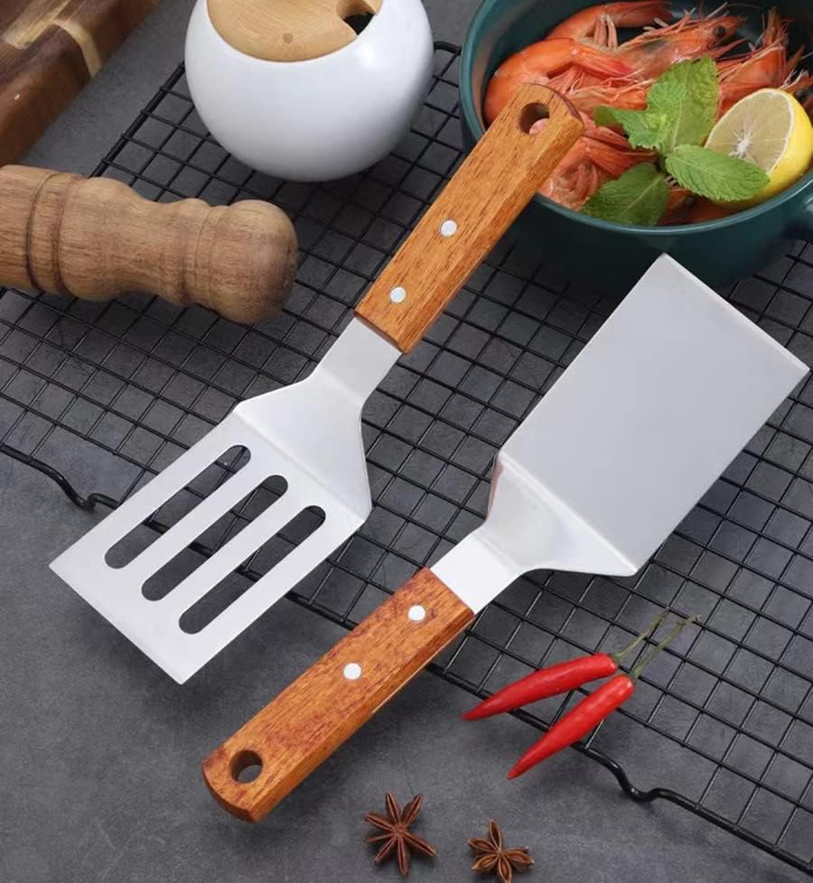 2 PCS Metal Spatula for Cast Iron Skillet, Stainless Steel Grill Spatula Slotted Turner Fish with Wood Handle Flat Top Griddle for Cooking BBQ - Image 7