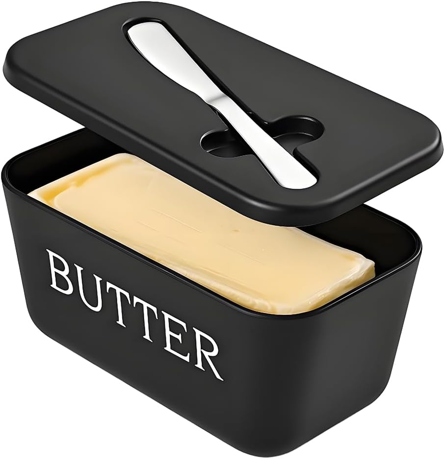 Large Plastic Butter Dish With Lid And Knife,Food Grade PP Butter Holder Keeper With Cover For Kitchen Refrigerator Black Butter Container - Image 1