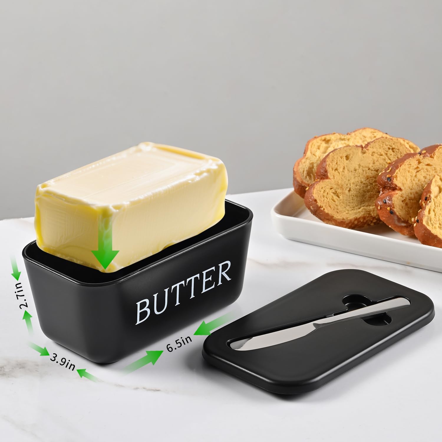 Large Plastic Butter Dish With Lid And Knife,Food Grade PP Butter Holder Keeper With Cover For Kitchen Refrigerator Black Butter Container - Image 2