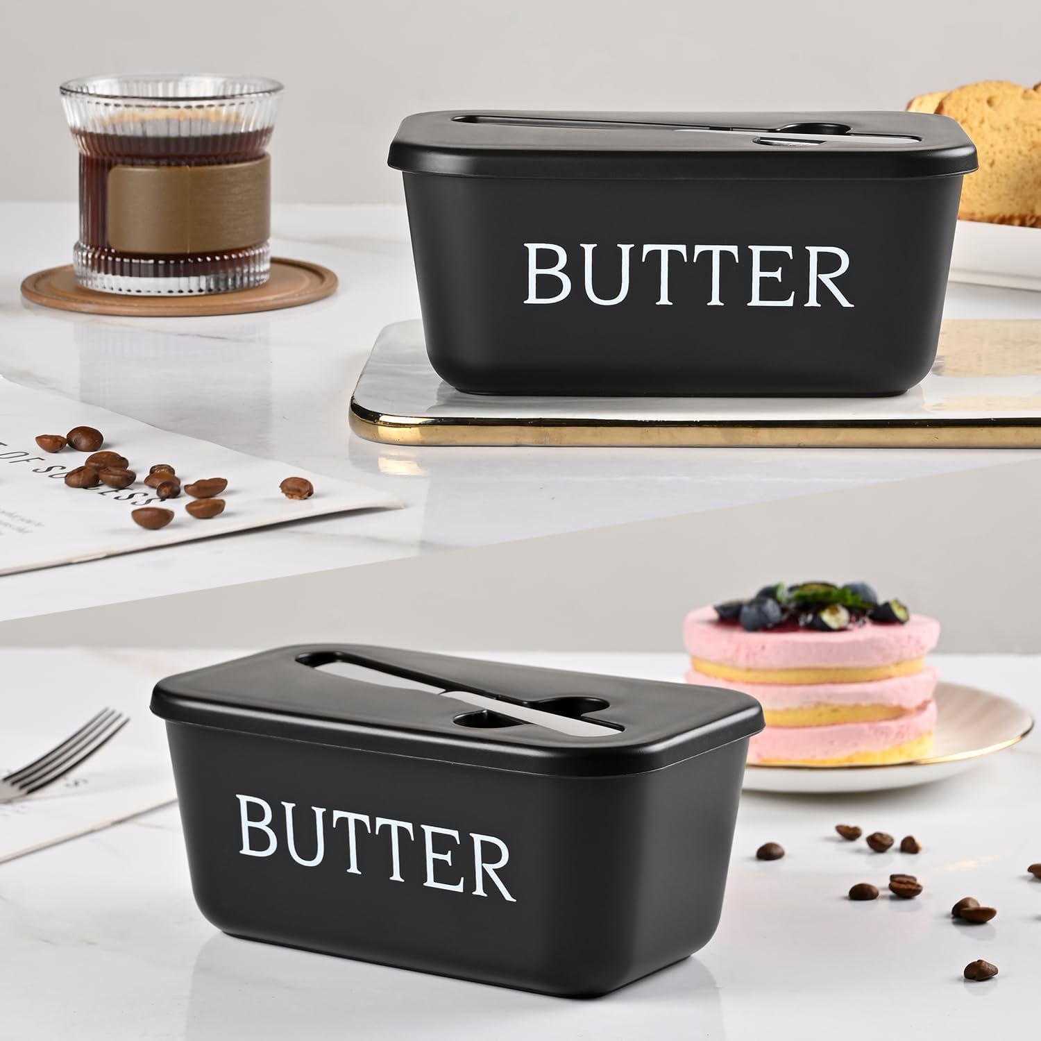 Large Plastic Butter Dish With Lid And Knife,Food Grade PP Butter Holder Keeper With Cover For Kitchen Refrigerator Black Butter Container - Image 3