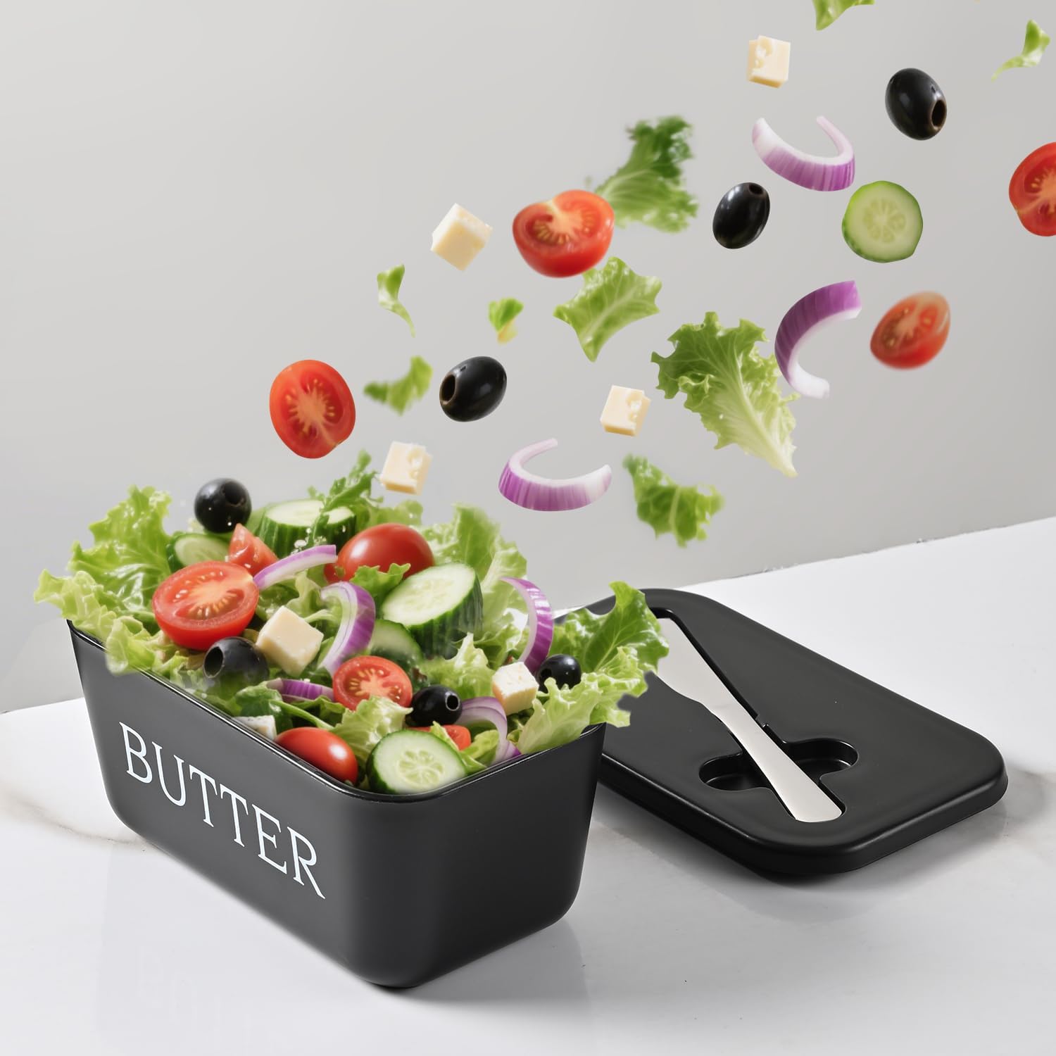 Large Plastic Butter Dish With Lid And Knife,Food Grade PP Butter Holder Keeper With Cover For Kitchen Refrigerator Black Butter Container - Image 4
