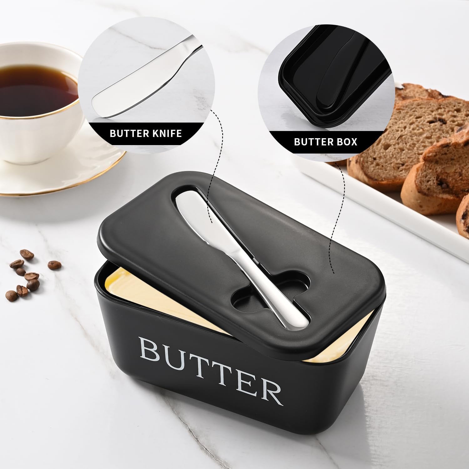 Large Plastic Butter Dish With Lid And Knife,Food Grade PP Butter Holder Keeper With Cover For Kitchen Refrigerator Black Butter Container - Image 7