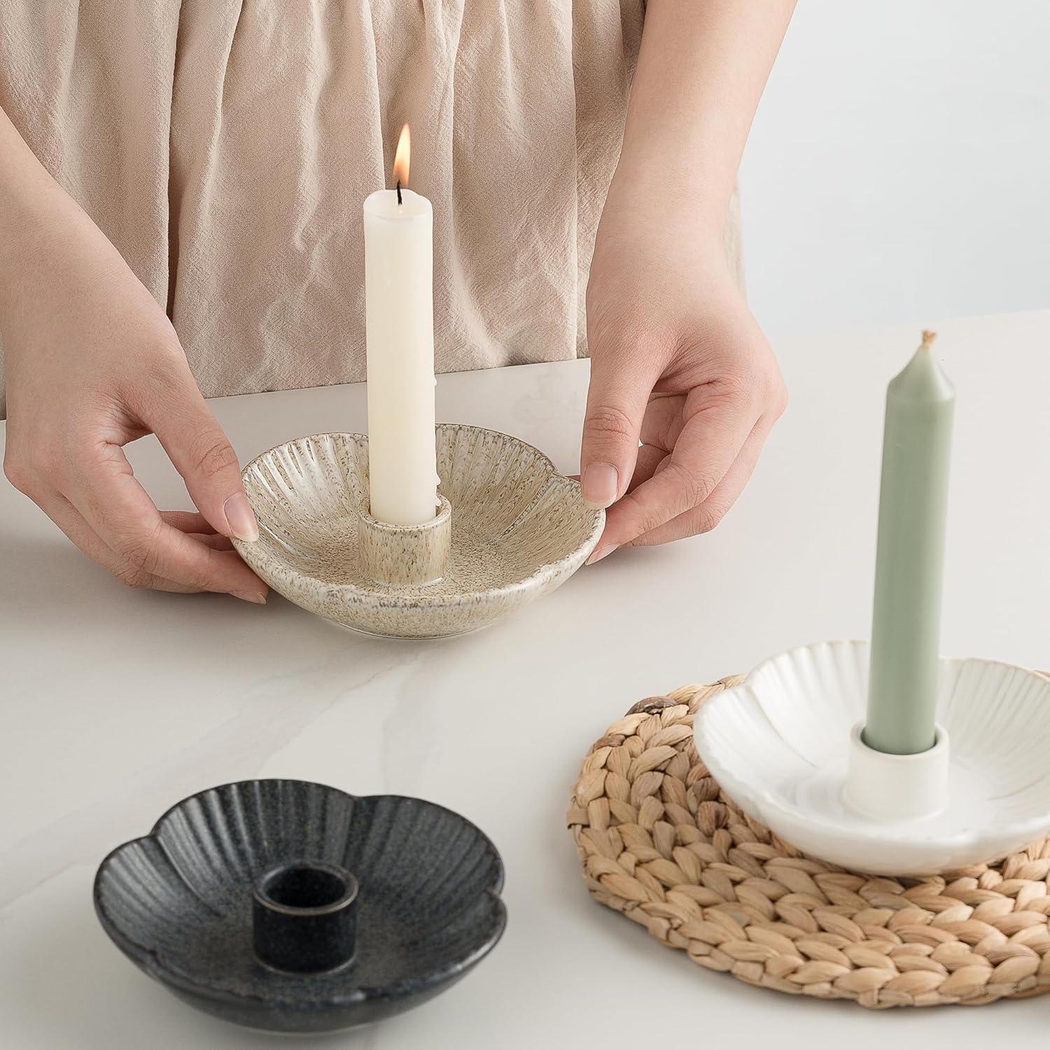 Ceramic Candlestick Holder， Candle Holder for Taper Candles,Incense, Santo Palo, Halloween Christmas Wedding Parties, Dining Room Home Decoration Display - Camel - Image 3