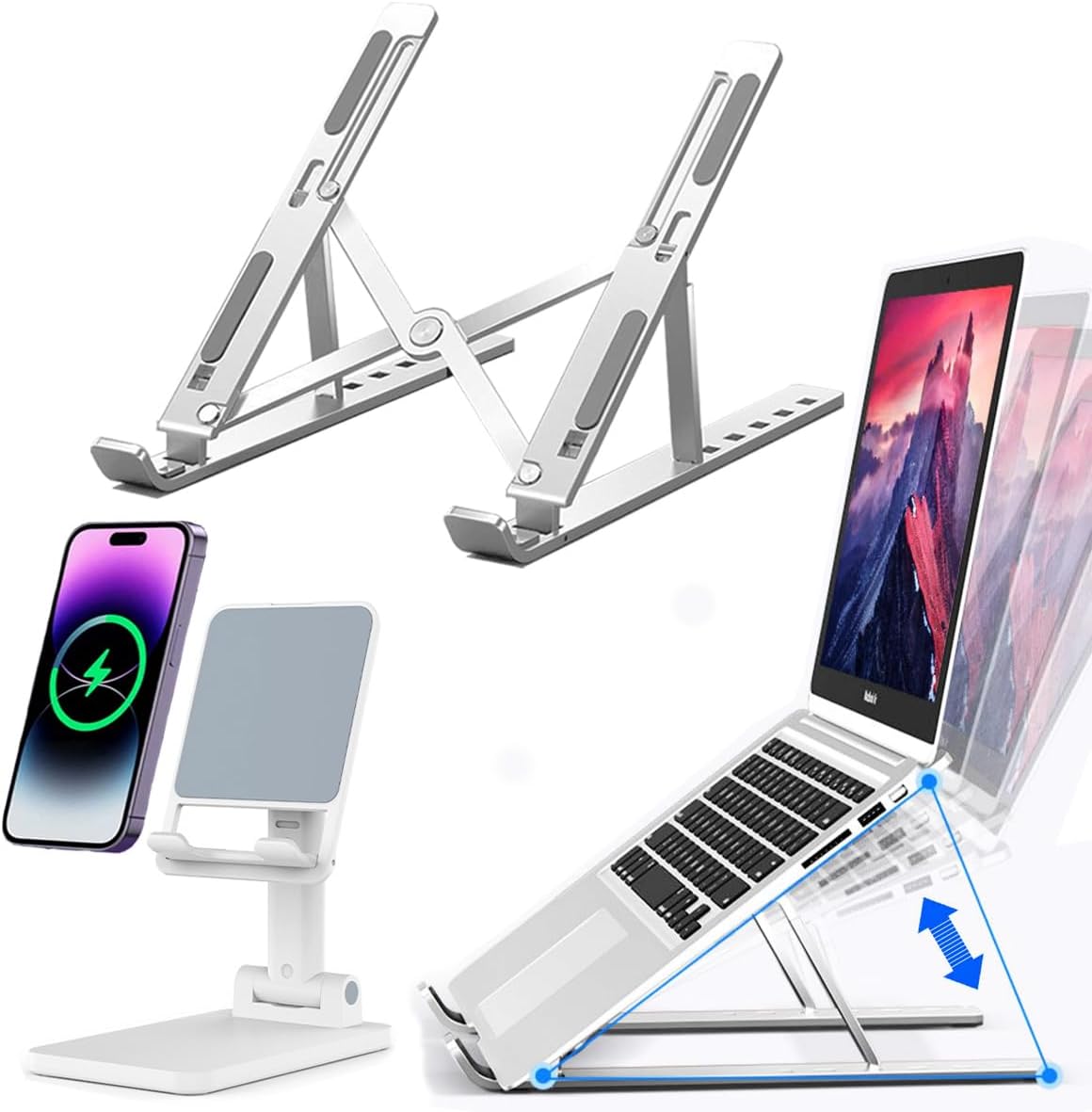 Portable Aluminum Laptop & Phone Stand, Adjustable, Foldable, Ergonomic, for MacBook, iPad, Tablets & Smartphones, Office Desk Accessories - Image 1