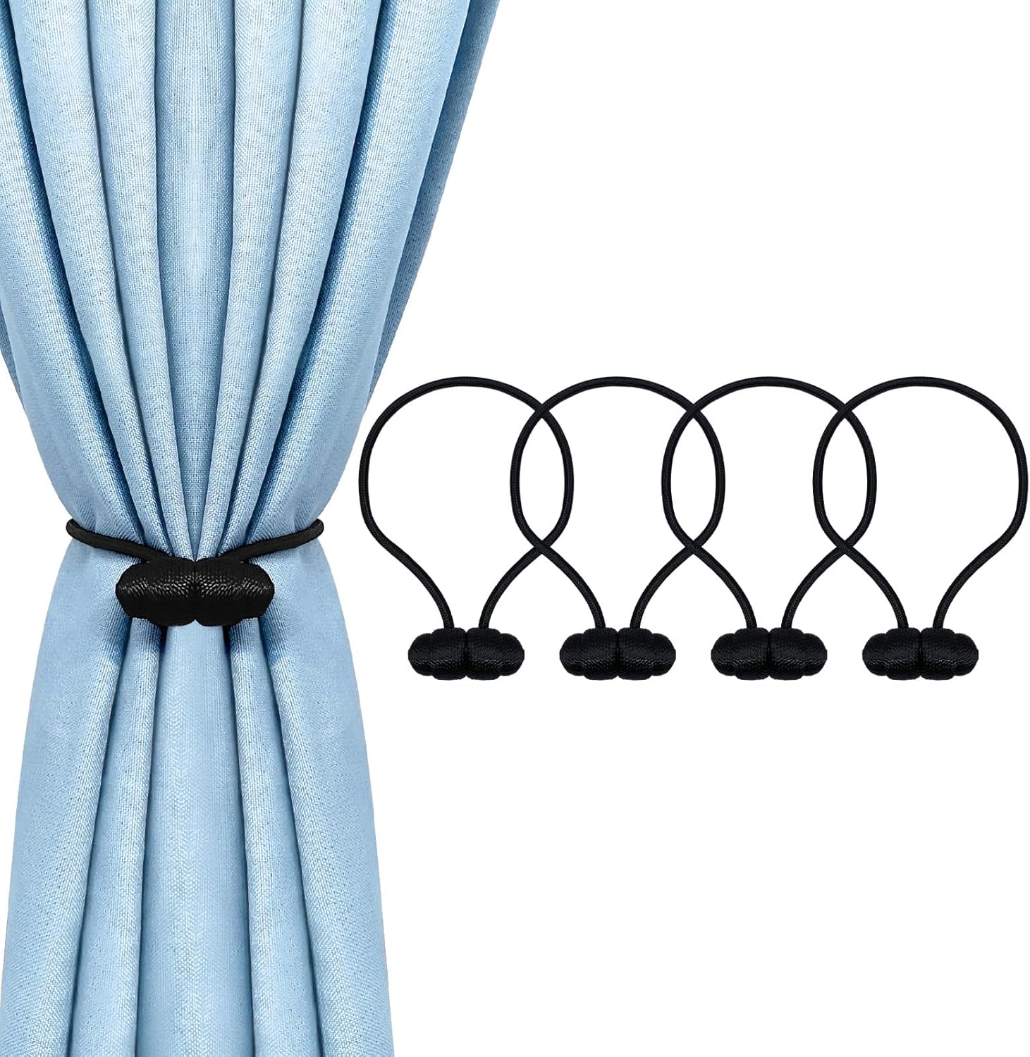 Black Magnetic Curtain Tiebacks - 4pcs Decorative Curtain Tie Backs, No Drill Closure Drapery Tiebacks Holdbacks, Boho Drapes Straps Ropes for Bedroom, Bathroom, Farmhouse Decor - Image 1