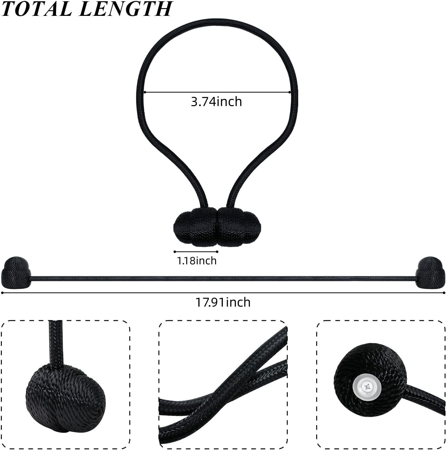 Black Magnetic Curtain Tiebacks - 4pcs Decorative Curtain Tie Backs, No Drill Closure Drapery Tiebacks Holdbacks, Boho Drapes Straps Ropes for Bedroom, Bathroom, Farmhouse Decor - Image 2