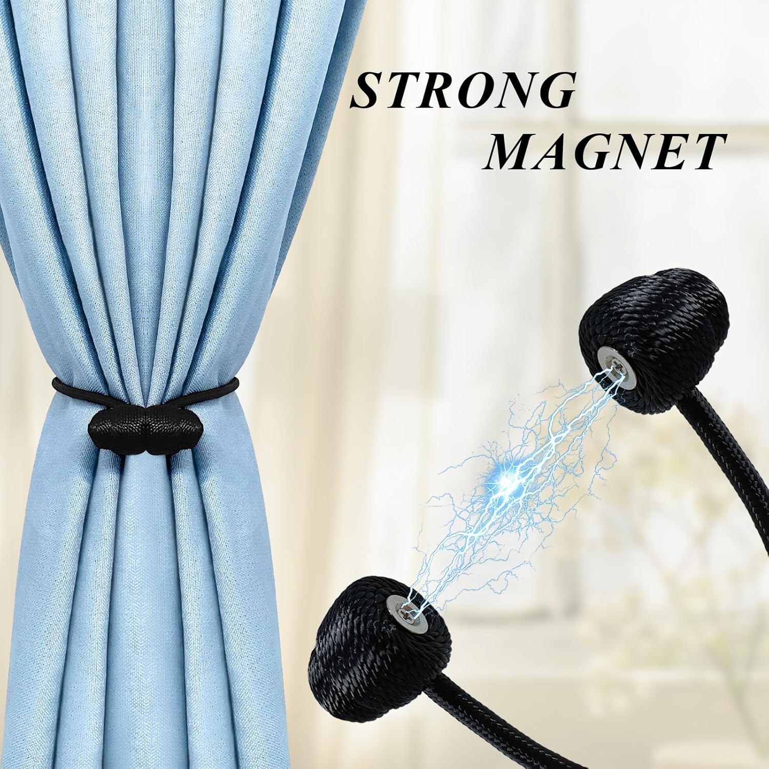 Black Magnetic Curtain Tiebacks - 4pcs Decorative Curtain Tie Backs, No Drill Closure Drapery Tiebacks Holdbacks, Boho Drapes Straps Ropes for Bedroom, Bathroom, Farmhouse Decor - Image 3