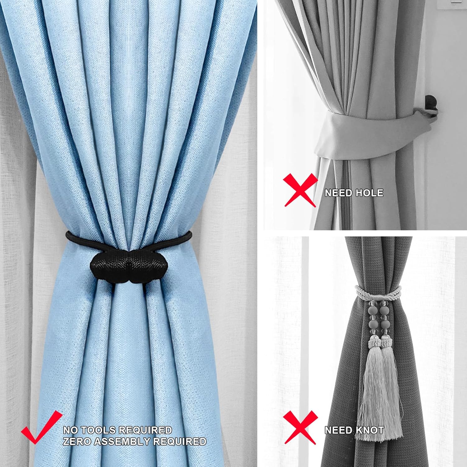 Black Magnetic Curtain Tiebacks - 4pcs Decorative Curtain Tie Backs, No Drill Closure Drapery Tiebacks Holdbacks, Boho Drapes Straps Ropes for Bedroom, Bathroom, Farmhouse Decor - Image 4
