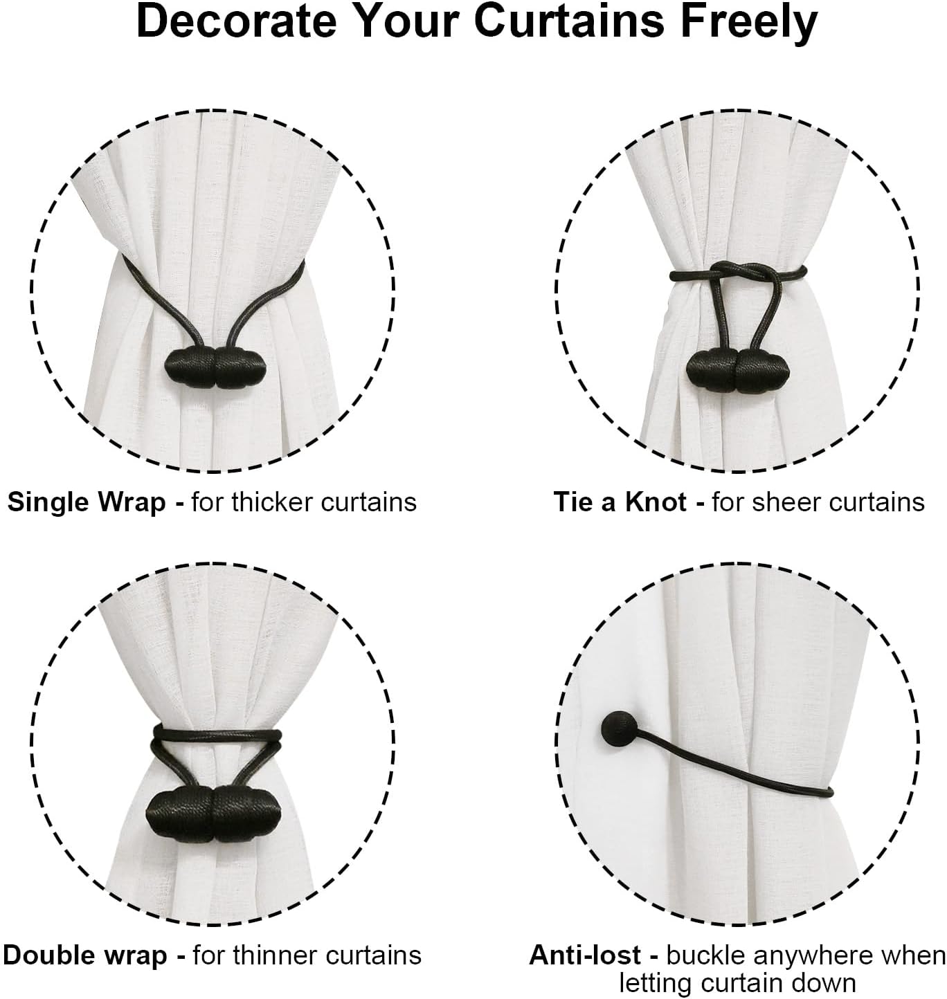 Black Magnetic Curtain Tiebacks - 4pcs Decorative Curtain Tie Backs, No Drill Closure Drapery Tiebacks Holdbacks, Boho Drapes Straps Ropes for Bedroom, Bathroom, Farmhouse Decor - Image 6
