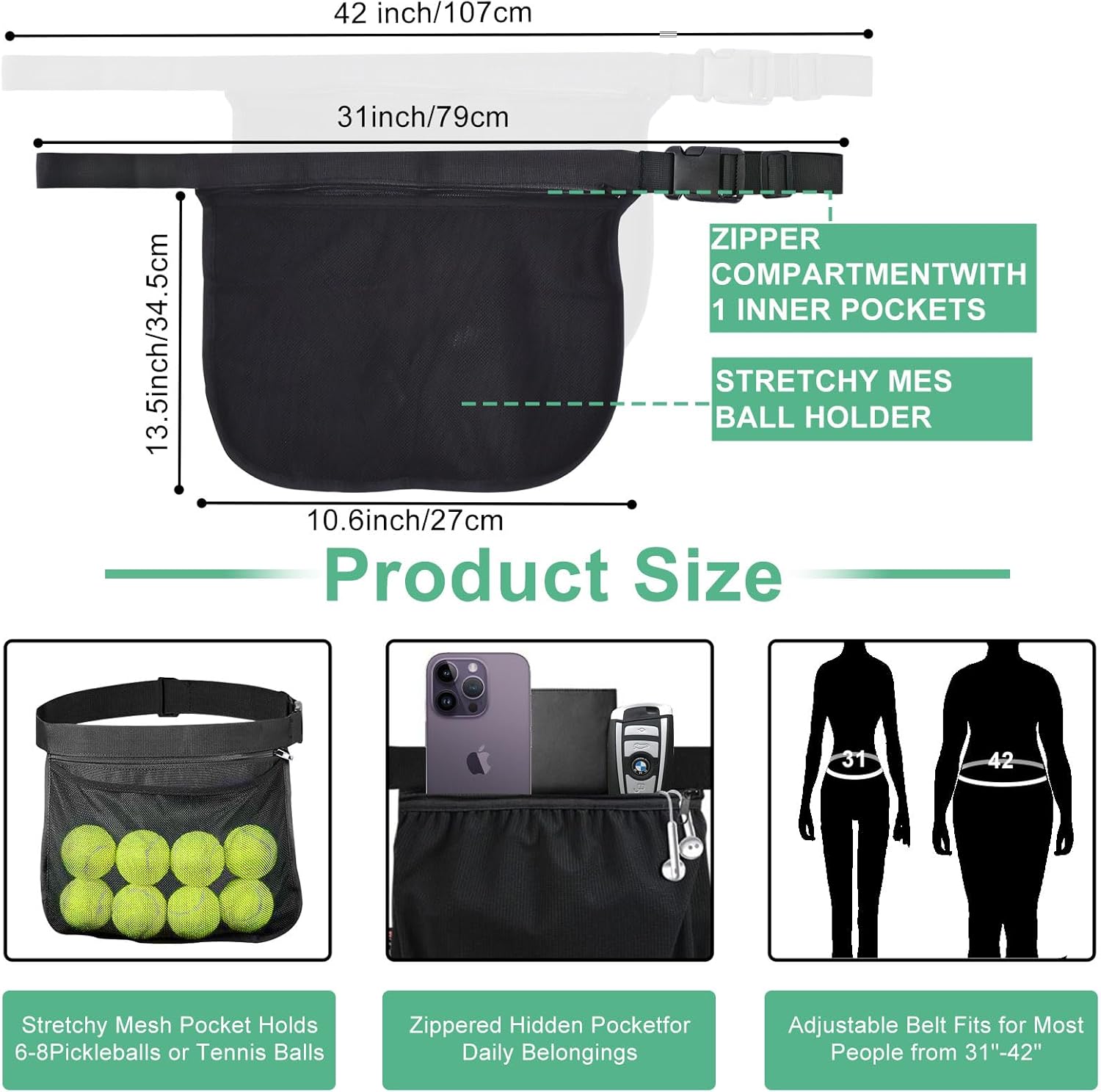 Tennis Ball Holder Ball Bag, Adjustable Pickleball Waist Pouch Holder, Pickleball Bags Holding 8-10 Tennis or Pickleball, Waist Hip Bag for Tennis, Cycling, Golf - Image 2