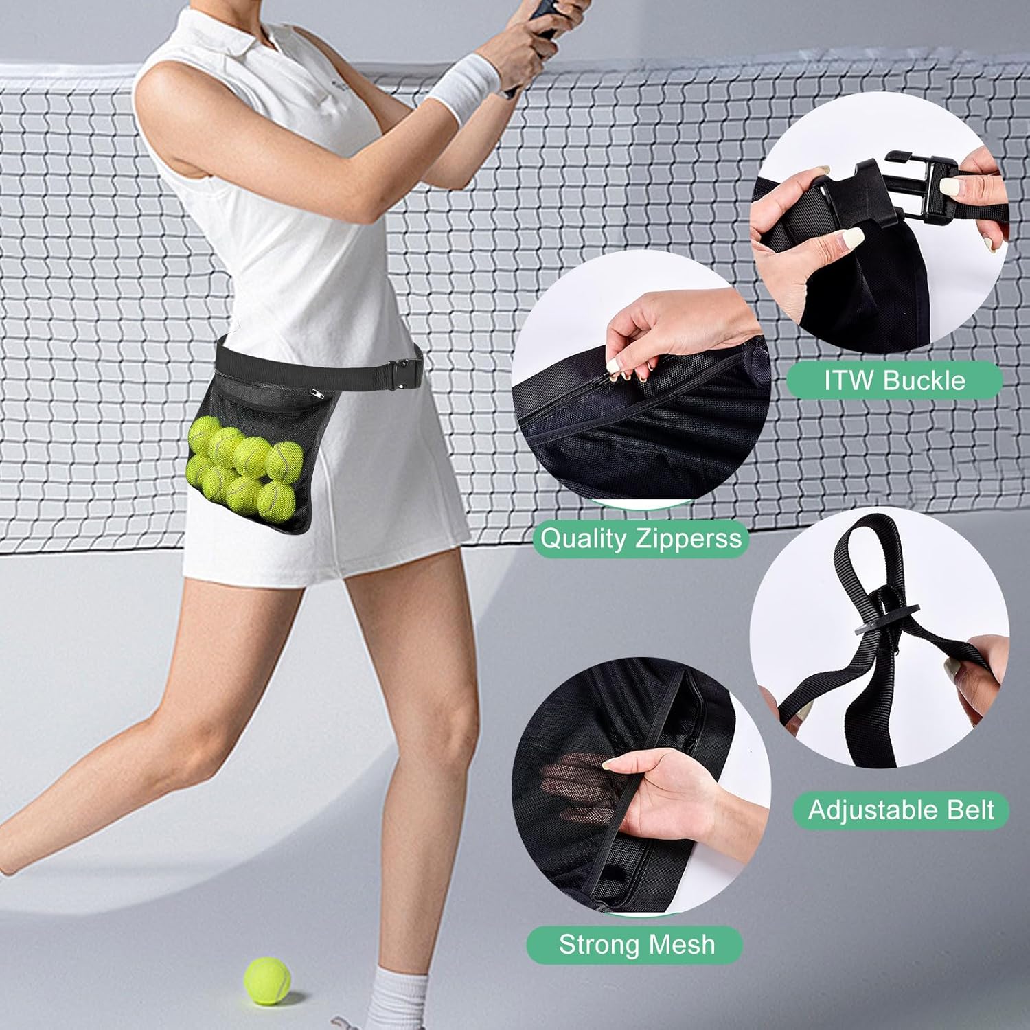 Tennis Ball Holder Ball Bag, Adjustable Pickleball Waist Pouch Holder, Pickleball Bags Holding 8-10 Tennis or Pickleball, Waist Hip Bag for Tennis, Cycling, Golf - Image 3
