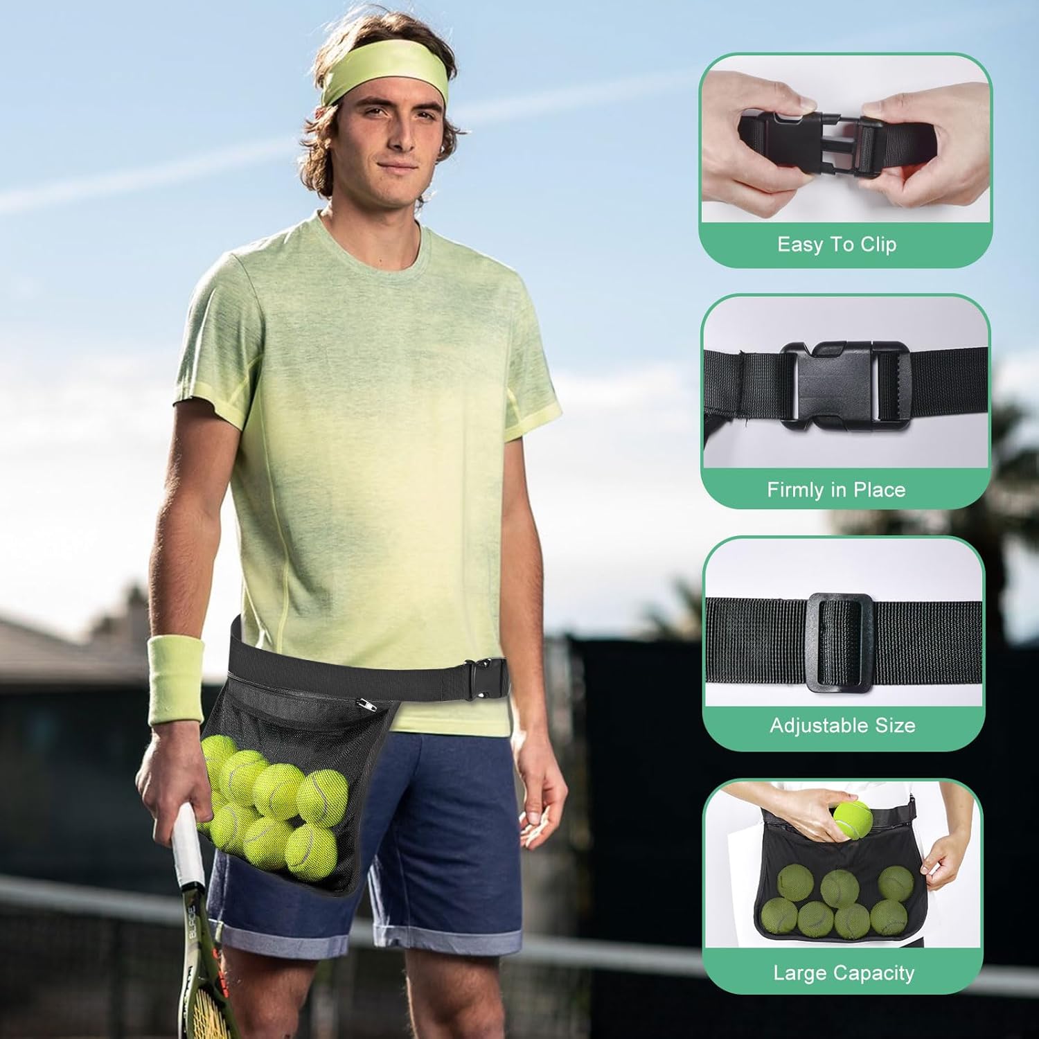 Tennis Ball Holder Ball Bag, Adjustable Pickleball Waist Pouch Holder, Pickleball Bags Holding 8-10 Tennis or Pickleball, Waist Hip Bag for Tennis, Cycling, Golf - Image 6